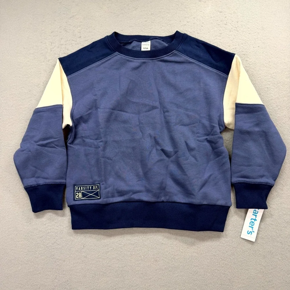 Carters Sweatshirt Toddler Boys 6/6A‎ Blue Varsity Div. 28 Preppy Round Neck NEW